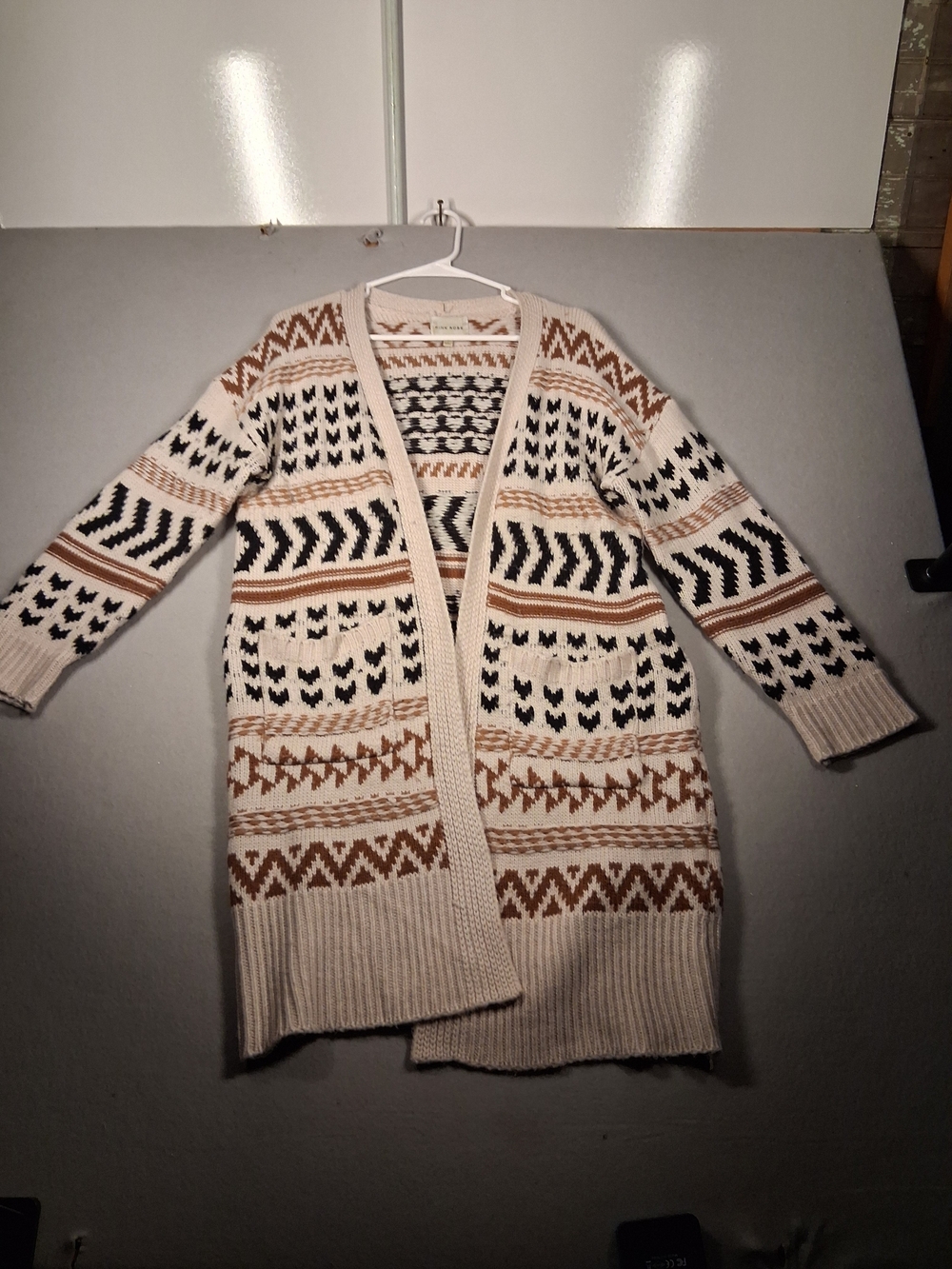 Pink Rose Cream Open-Front Cardigan with Black and Brown Geometric Pattern